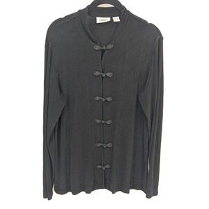 Chicos Travelers Sweater Women Large Black Long Sleeve Frog Knot Button Vacation